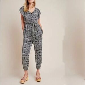 Anthropologie Zadie Jumpsuit Patterned Button Down Elastic Waist Navy White